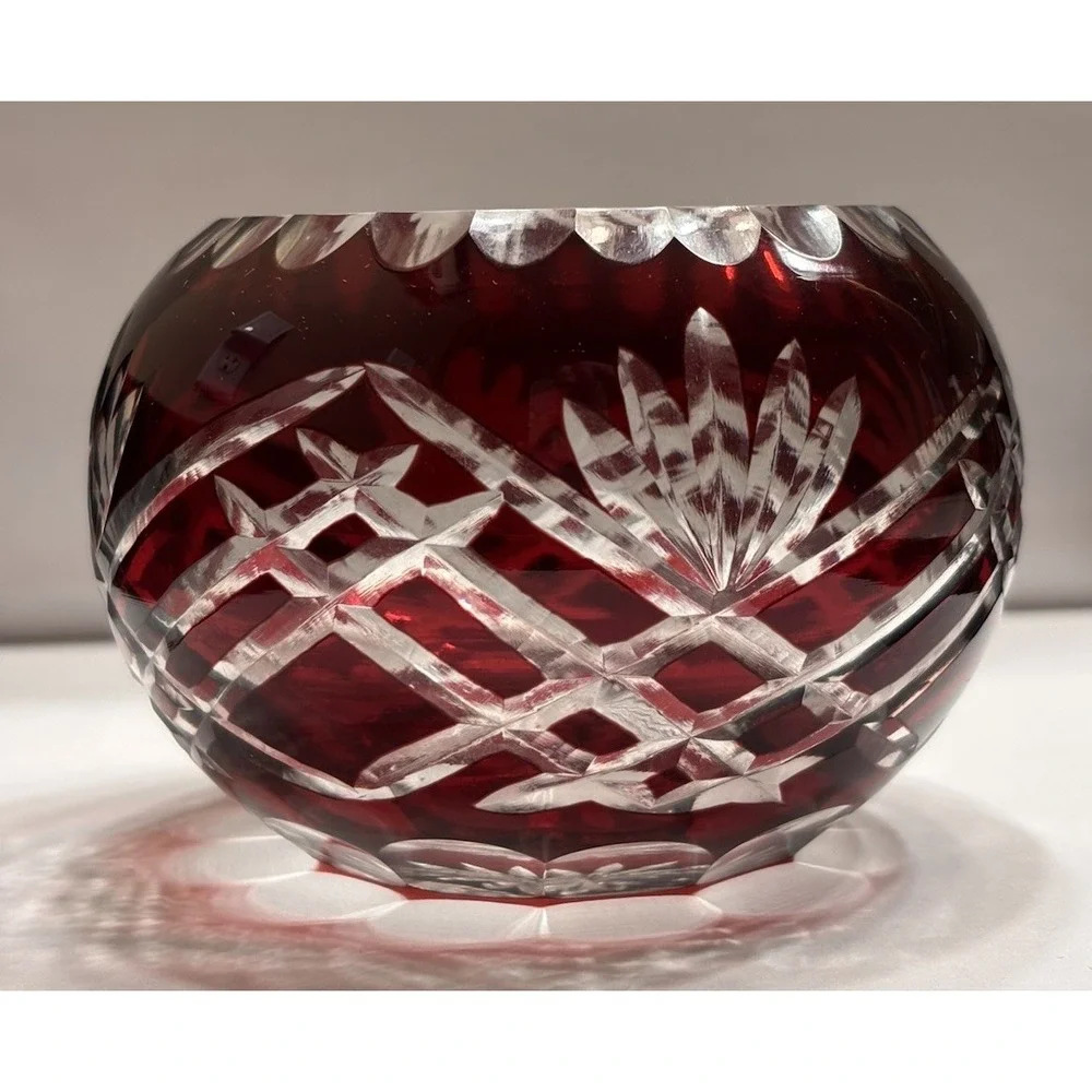 Vintage Bohemian Czech Cut To Clear Crystal Rose Bowl Votive Candle Holder Set
